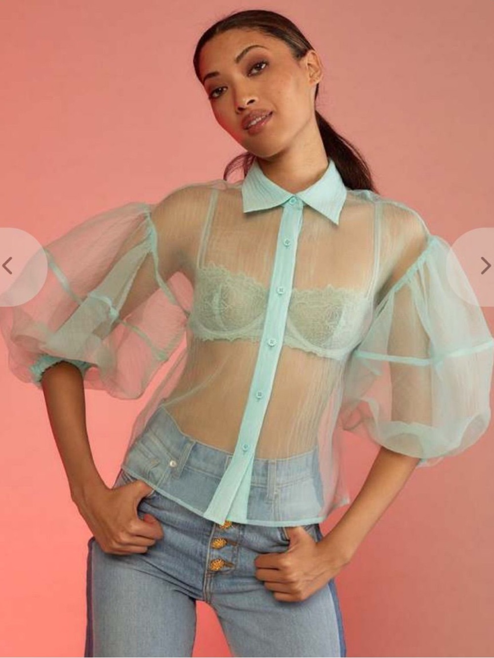 NWT Cynthia Rowley Organza Sheer Balloon Sleeve Top Mint - Size L $245